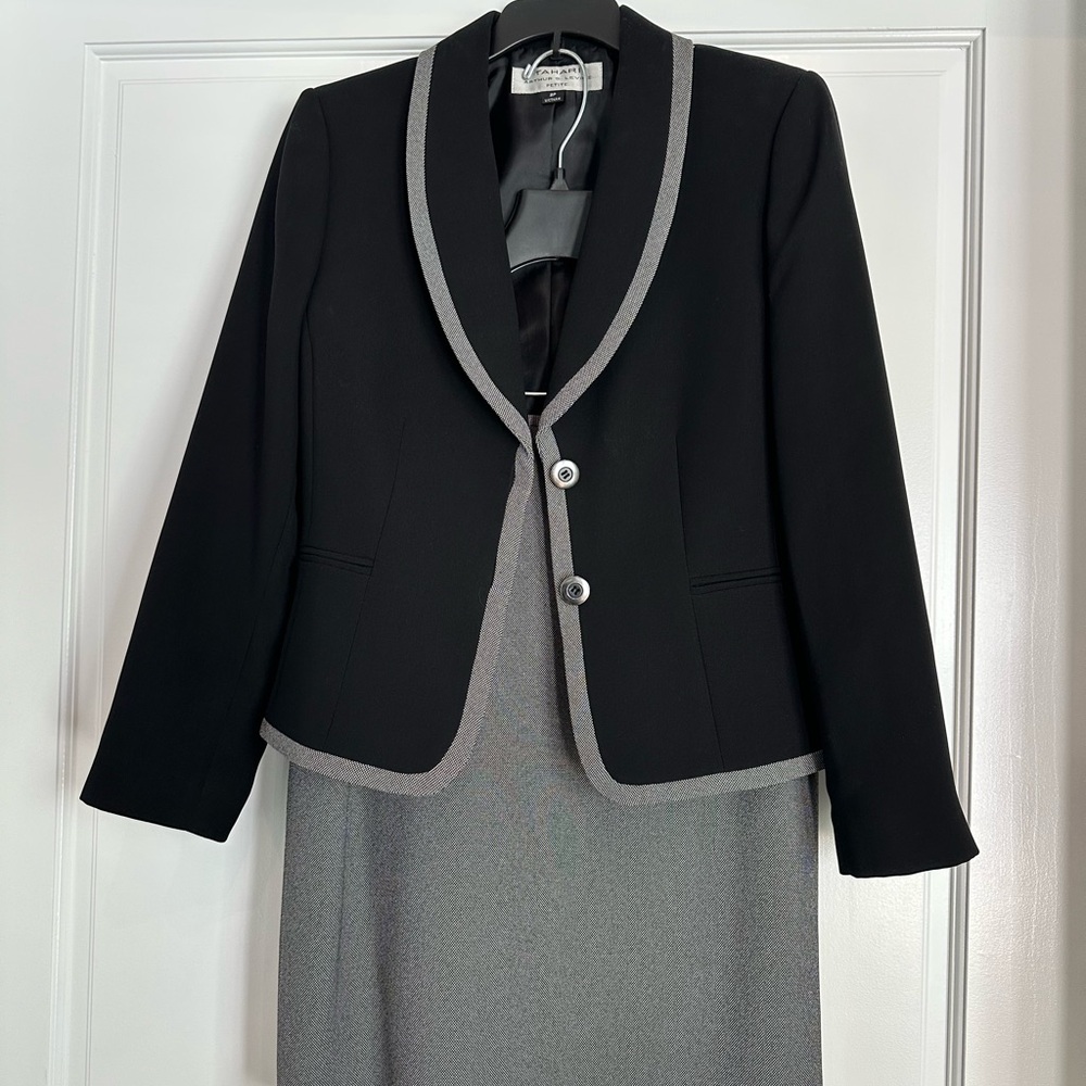 Tahari ASL Suit - Black jacket with gray trim and gray skirt